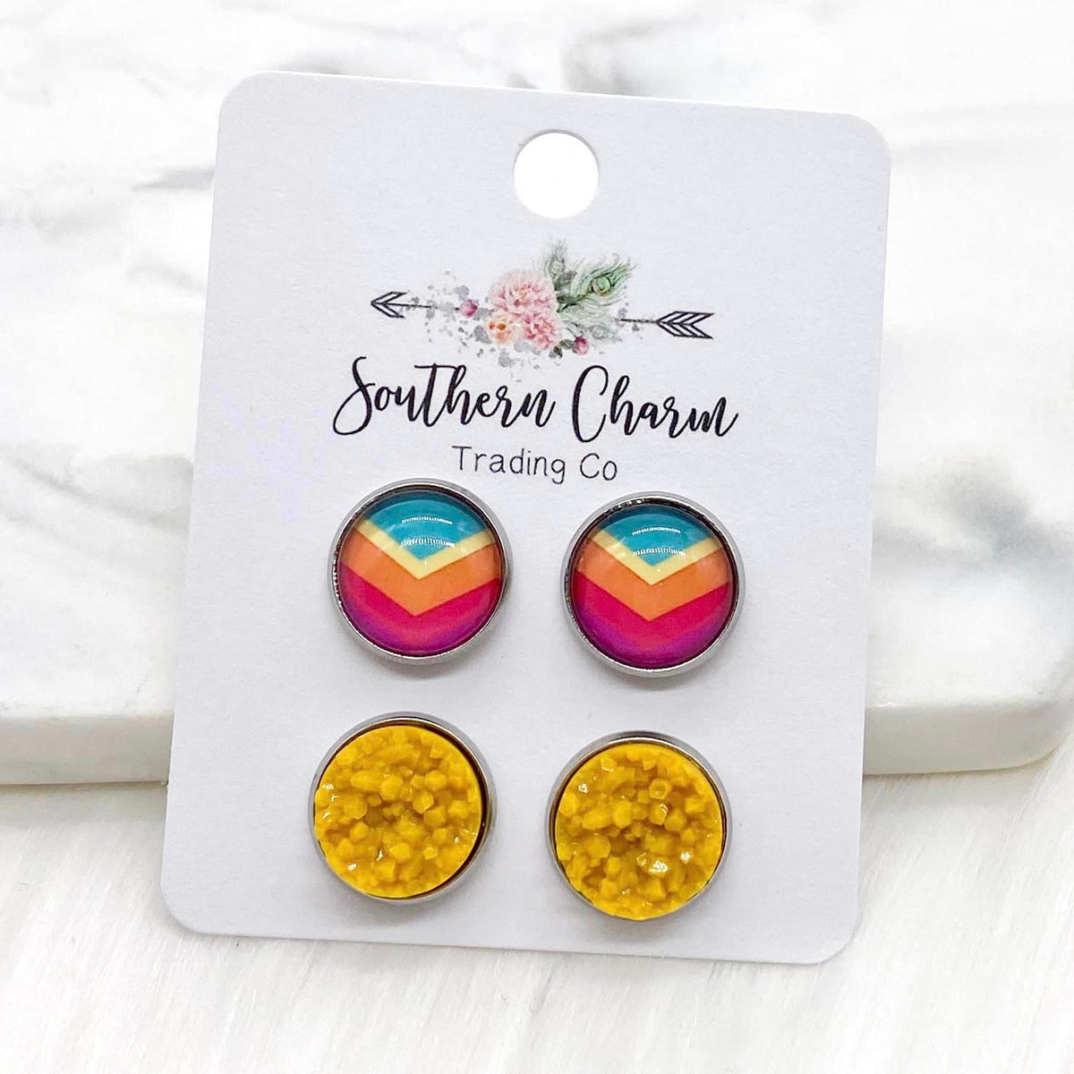Fall Chevron & Mustard Crystal Duo Earrings