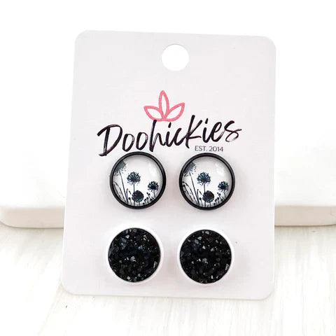 12mm Black Poppies & Black in Black/White Setting Duo Earrings