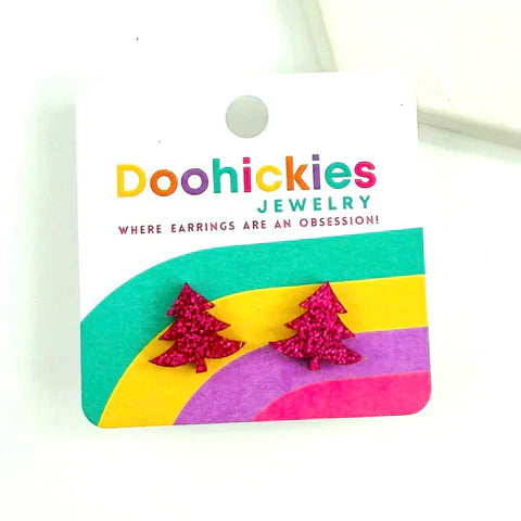 Christmas Tree Stud Earrings - Bright Pink