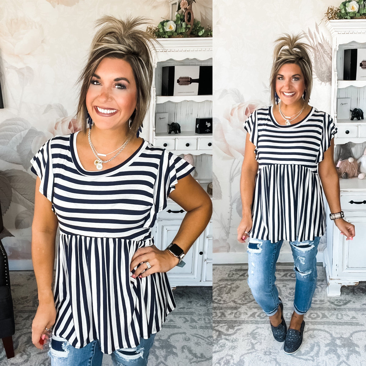 Feeling Fiery Babydoll Top - Midnight Navy/Ivory