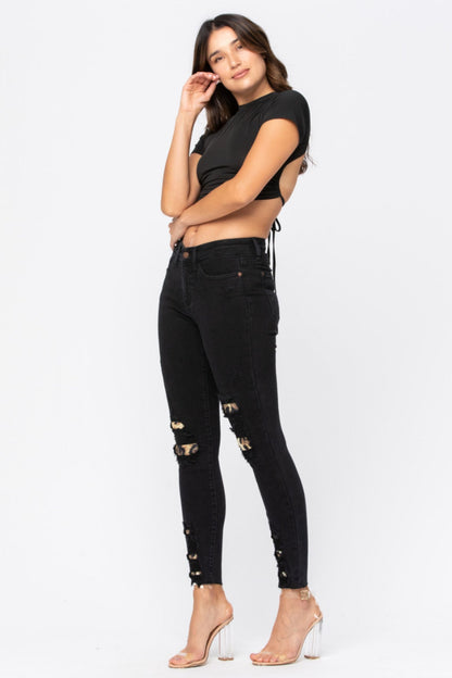 Judy Blue Black Destroyed Leopard Patch Skinny