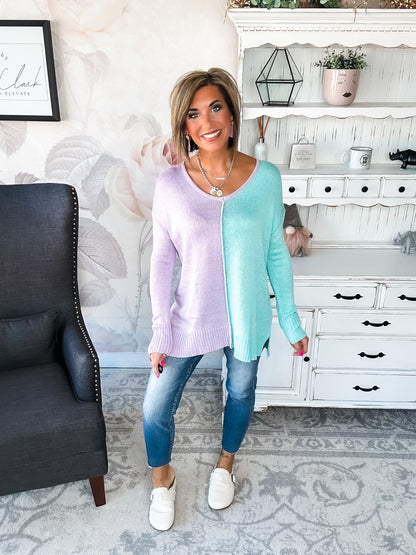 Don't Hide Now Colorblock Sweater - Lavender/Mint