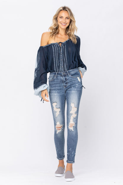 Judy Blue Bleach Splatter Destroyed Skinny Jeans
