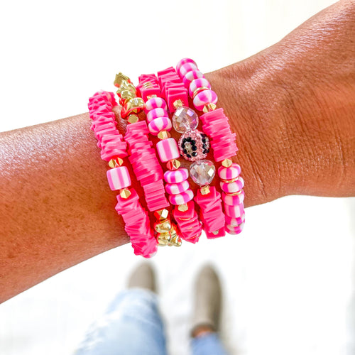 Neon Pink Leopard Chunky Heishi Bracelet Stack