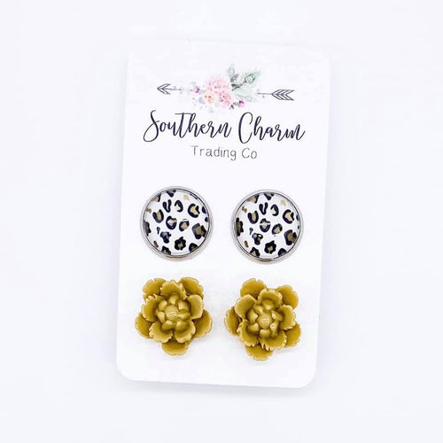 Gold/Leopard & Yellow Flower Duo Stud Earrings