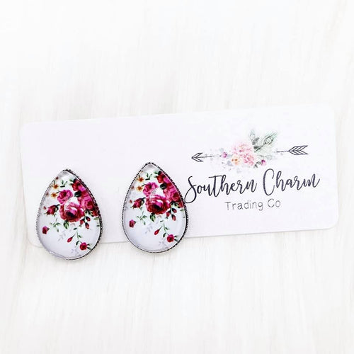 Big as Texas Hot Pink Roses on White Teardrop Earrings