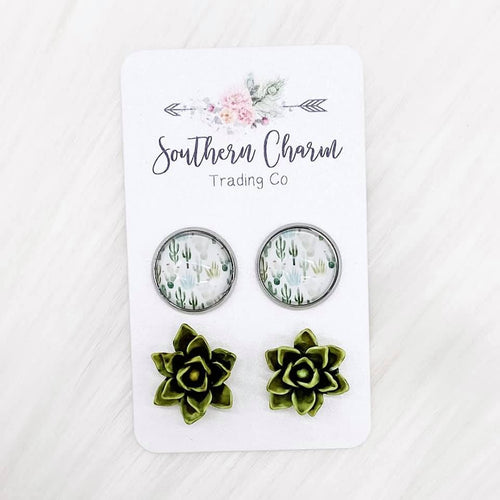 Cacti & Moss Green Succulent Duo Studs