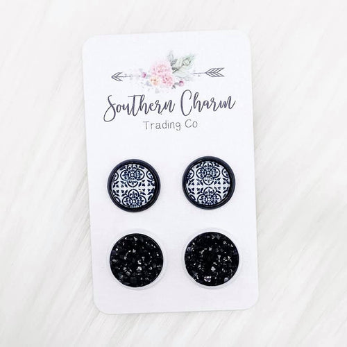 Black Flower & Black in Black/White Setting Duo Earrings