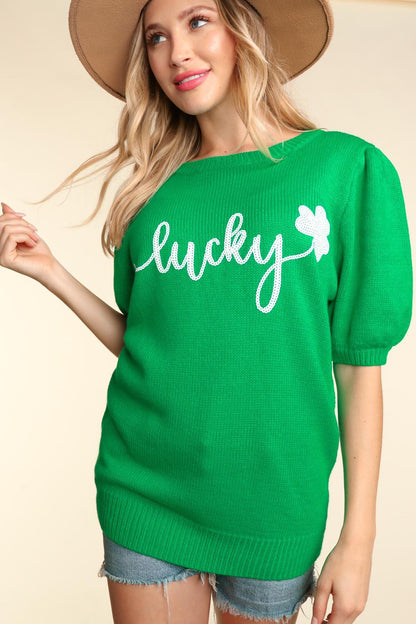Lucky Shamrock Puff Sleeve Sweater