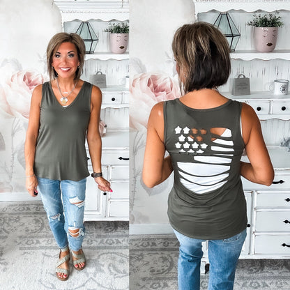 American Flag Laser Cut Tank - Olive