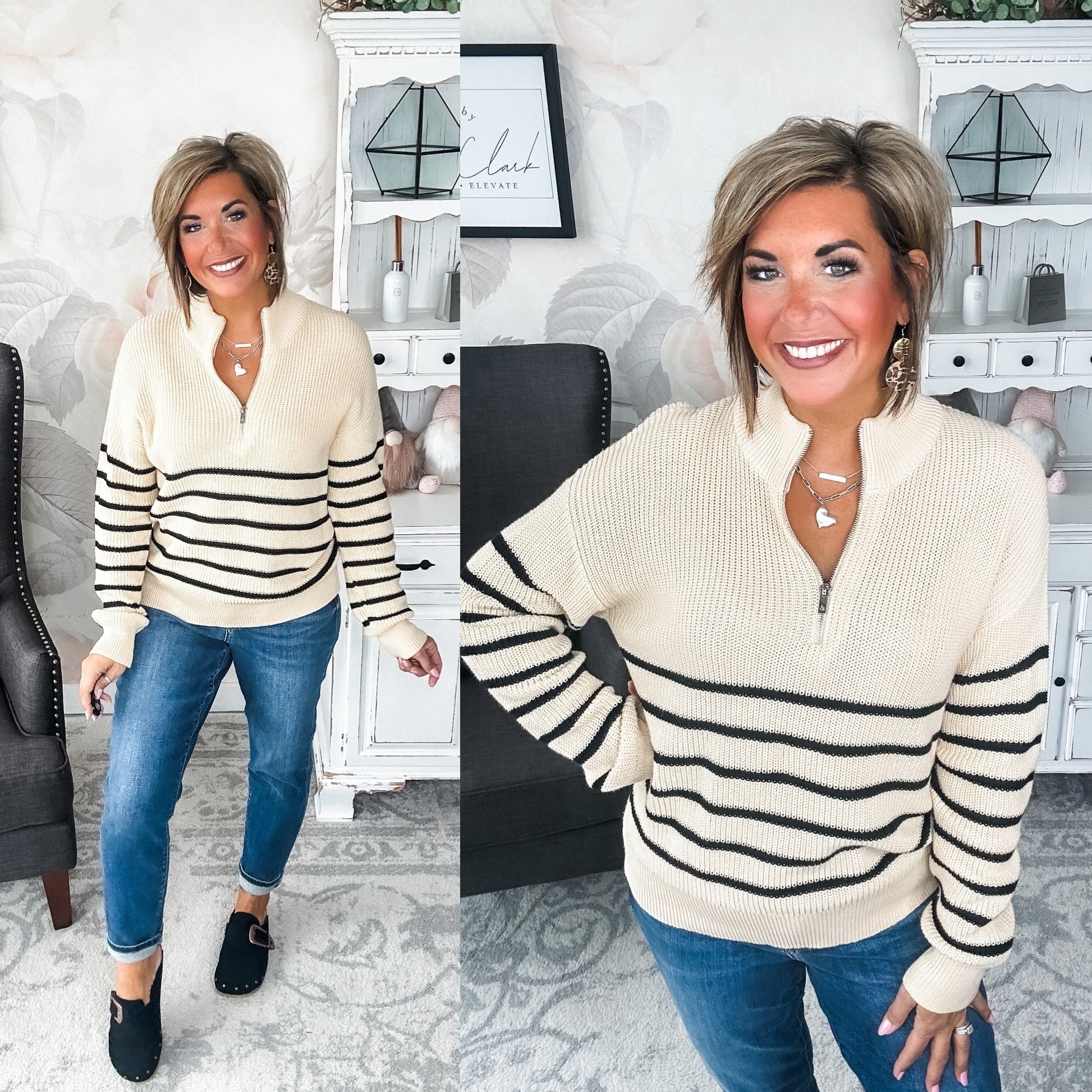 Ampersand Avenue - HalfZip Sweater Cream & Black Stripe