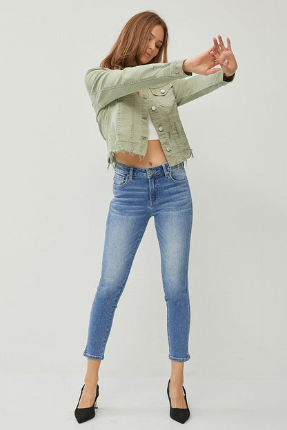 Make Me Happy Fray Hem Color Jean Jacket - Olive