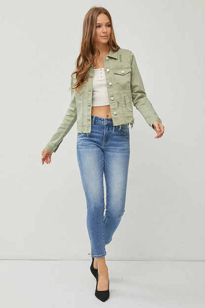 Make Me Happy Fray Hem Color Jean Jacket - Olive