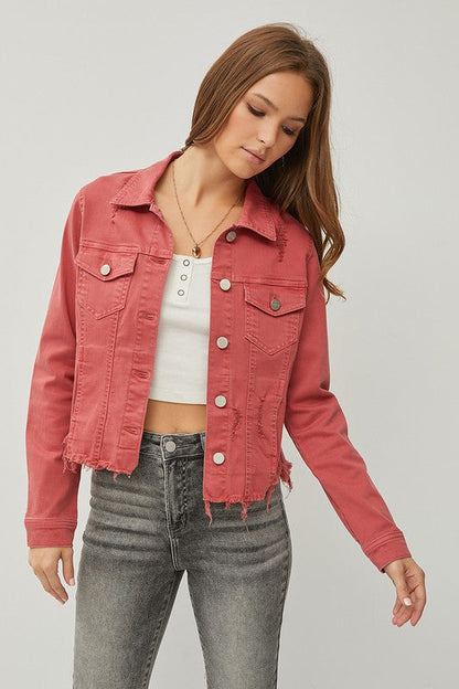 Make Me Happy Fray Hem Color Jean Jacket - Brick
