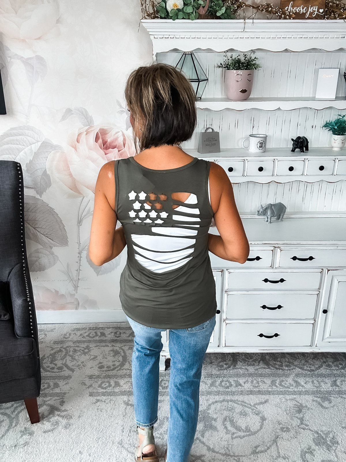 American Flag Laser Cut Tank - Olive