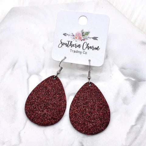 2" Spirit Glitter Teardrop Earrings - Maroon