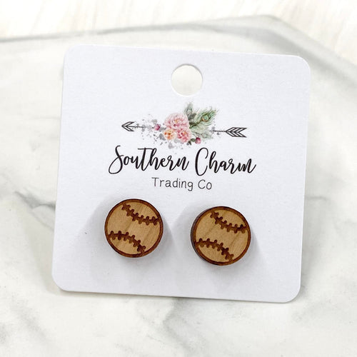 12mm Wooden Baseball Stud Earrings