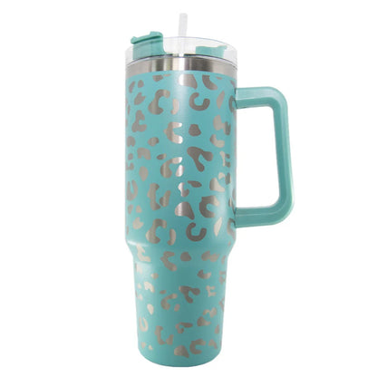 Mint Metallic Leopard Tumbler Cup with Handle - 40oz
