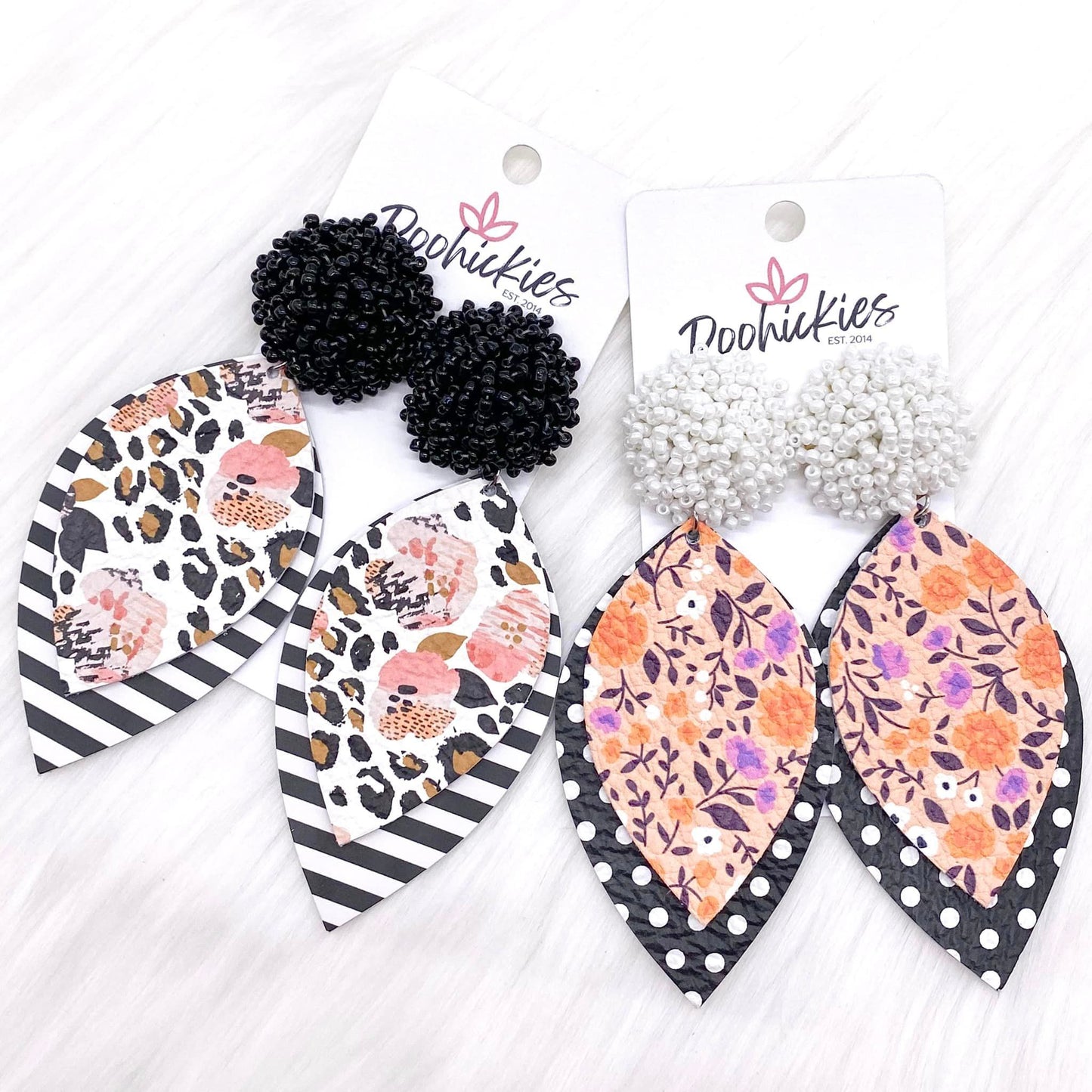 2.5" Layered Petals & Seed Pom Earrings - Ditsy Floral/Polka Dot