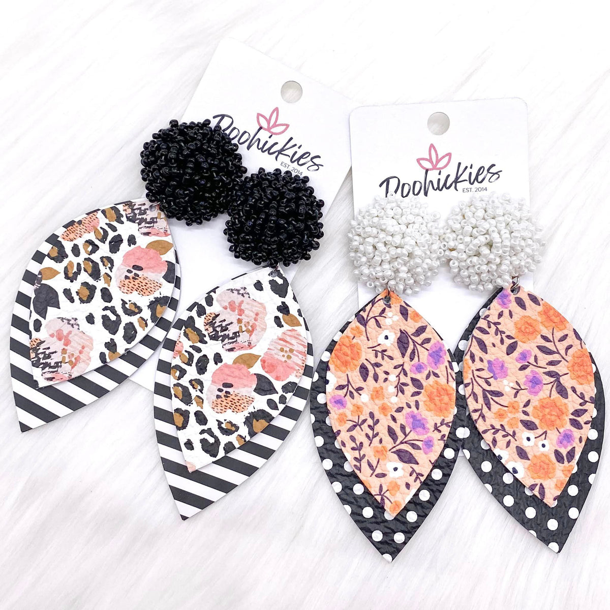 2.5" Layered Petals & Seed Pom Earrings - Ditsy Floral/Polka Dot