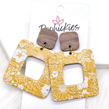 2" Walnut & Fall Cubie Dangle Earrings - Mustard Floral Lace