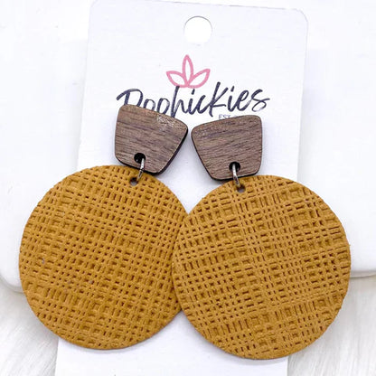 2" Walnut & Embossed Piggyback Dangle Earrings - Mustard Linen