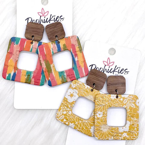 2" Walnut & Fall Cubie Dangle Earrings - Mustard Floral Lace