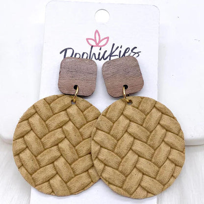 2" Walnut Cube & Box Braided Piggyback Dangle Earrings - Wheat