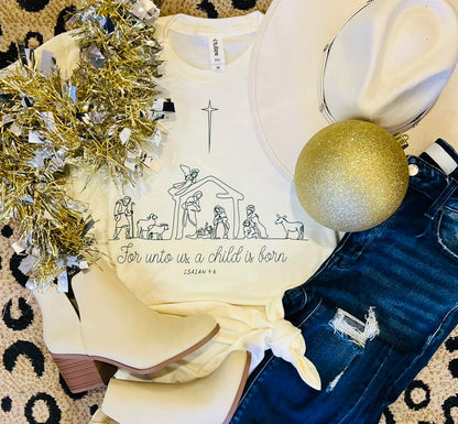 For Unto Us Nativity Sketch Graphic Tee