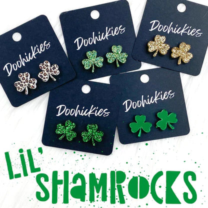 15mm Lil' Shamrock Stud Earrings - Green Glitter