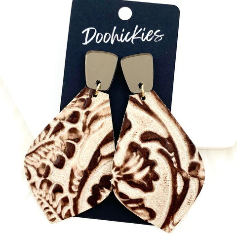 3.25" Colorful Embossed Dangles Western Earrings - Bronze Long Trap & Taupe