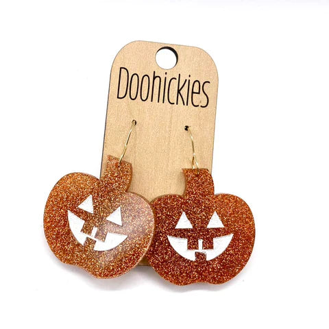 1.5" Glittery Jack-O-Lantern Acrylic Dangles - Halloween Earrings