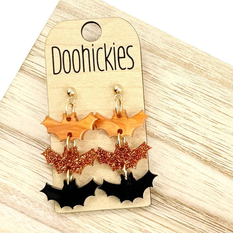 2" Orange and Black Triple Bat Dangles - Halloween Acrylic Earrings
