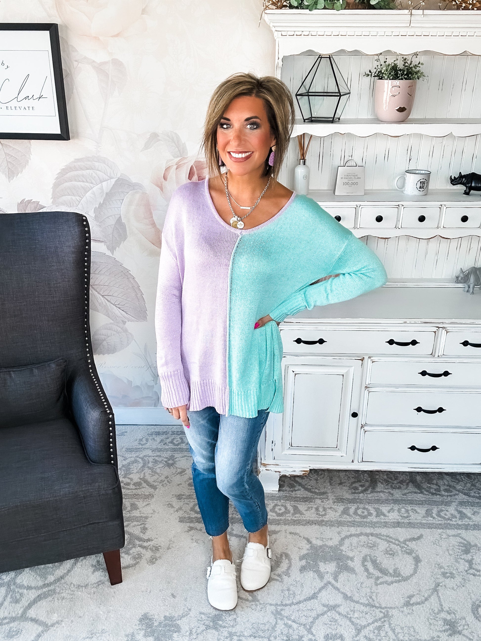 Don't Hide Now Colorblock Sweater - Lavender/Mint