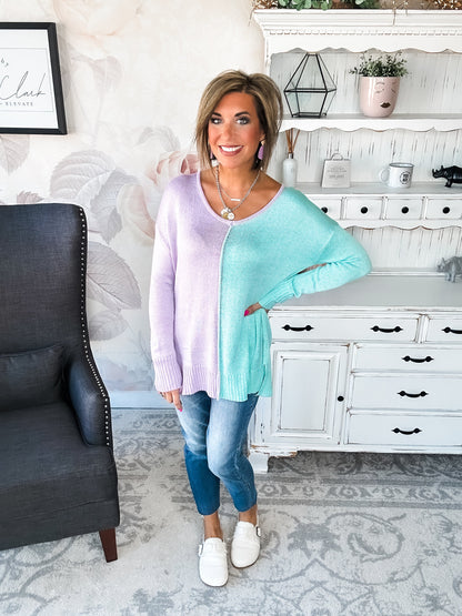 Don't Hide Now Colorblock Sweater - Lavender/Mint