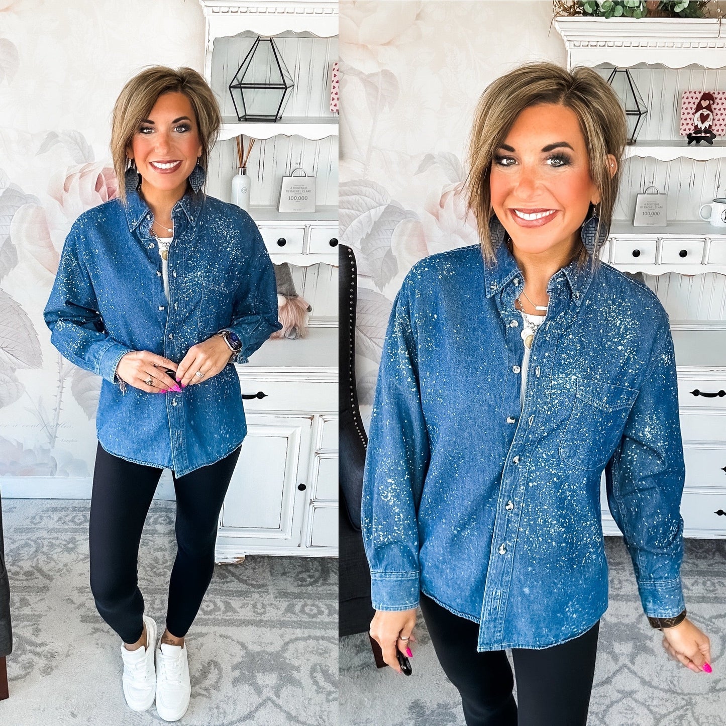 Distressed Denim Bleached Button Down - Dark Blue
