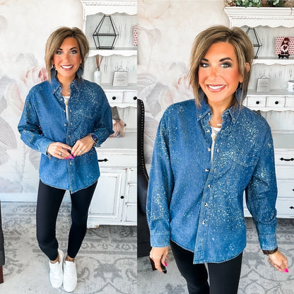 Distressed Denim Bleached Button Down - Dark Blue
