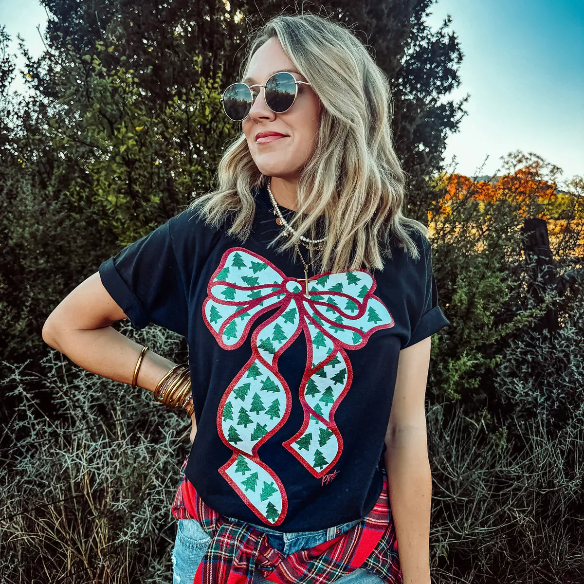 Glitter Bow with Tiny Trees Graphic Tee