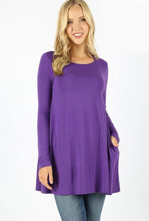 Long Sleeve Swing Tee with Pockets - Purple