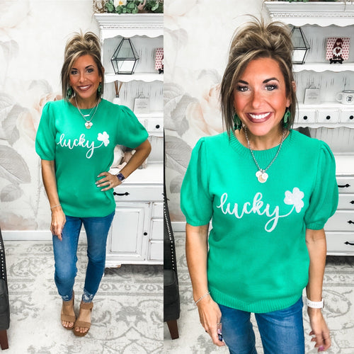 Lucky Shamrock Puff Sleeve Sweater
