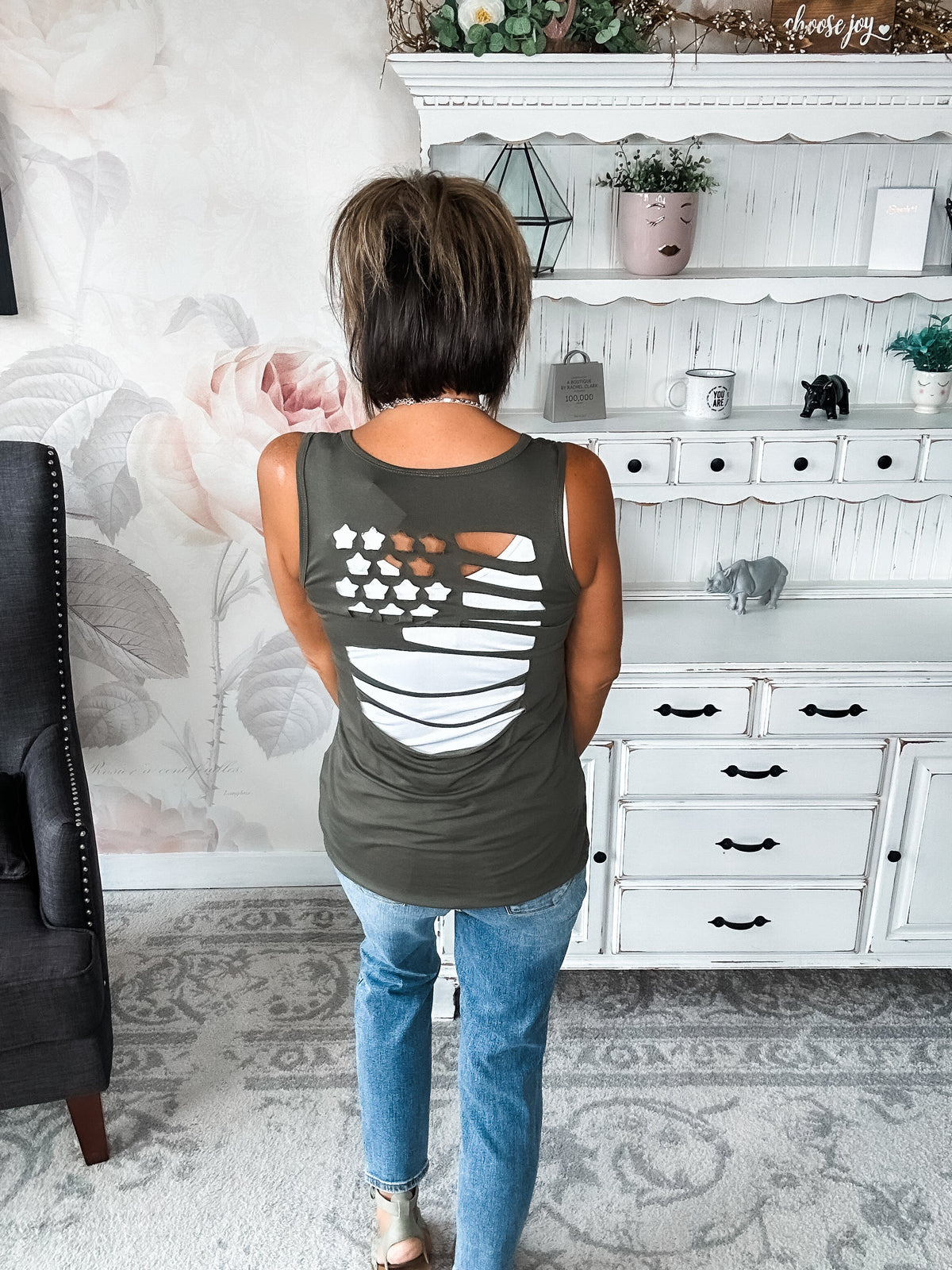 American Flag Laser Cut Tank - Olive