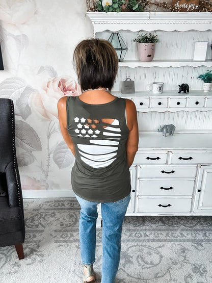 American Flag Laser Cut Tank - Olive
