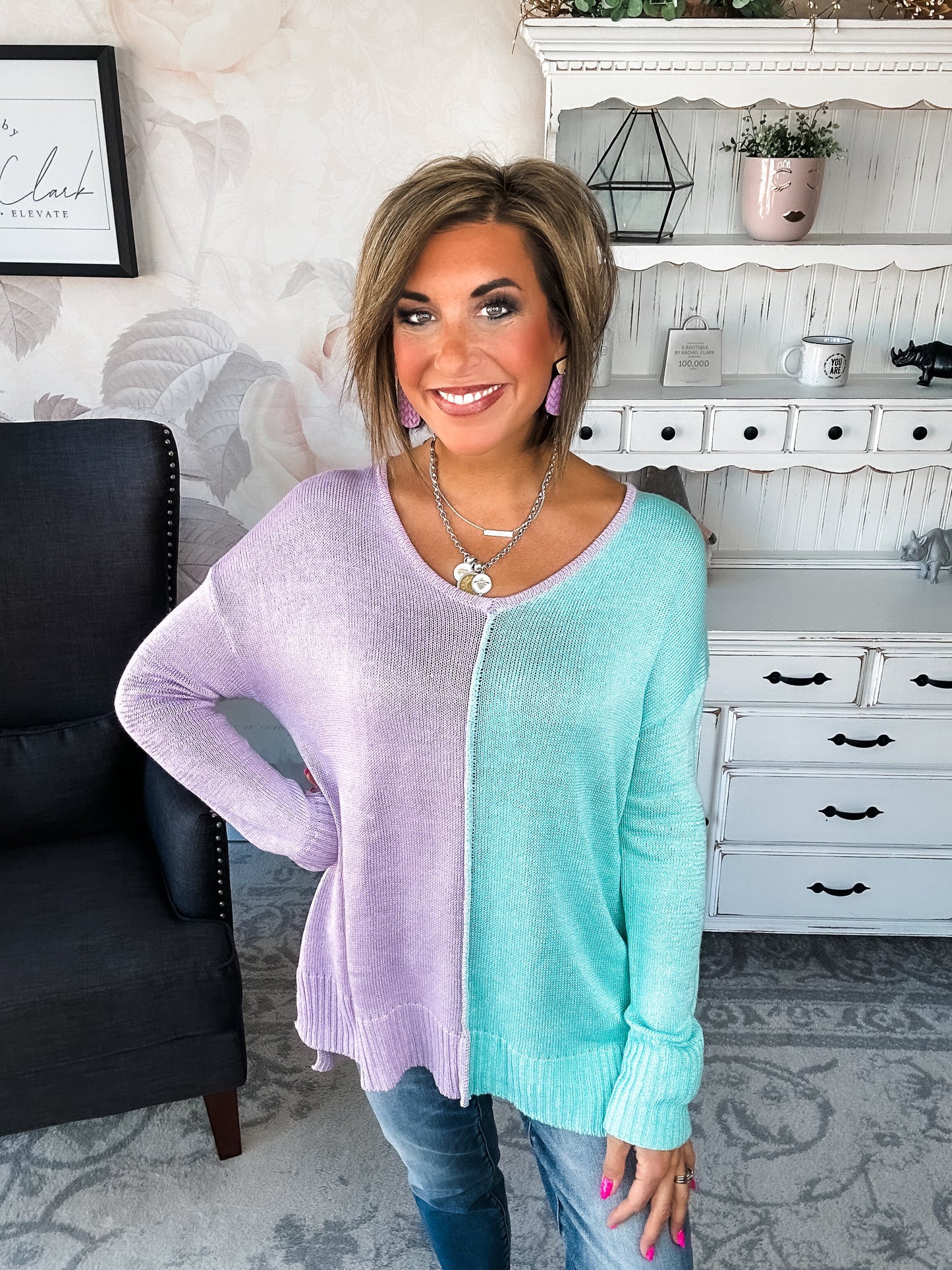 Don't Hide Now Colorblock Sweater - Lavender/Mint