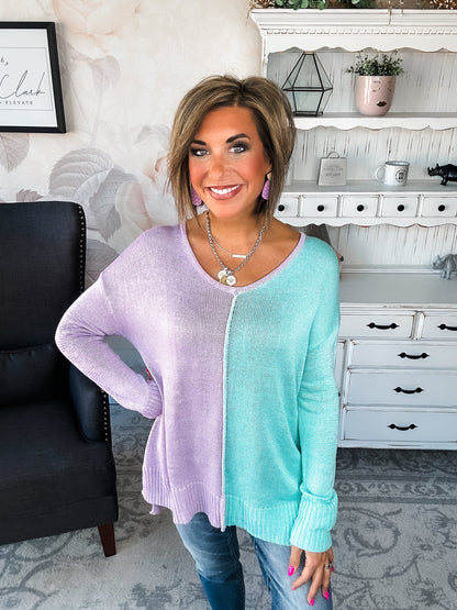Don't Hide Now Colorblock Sweater - Lavender/Mint
