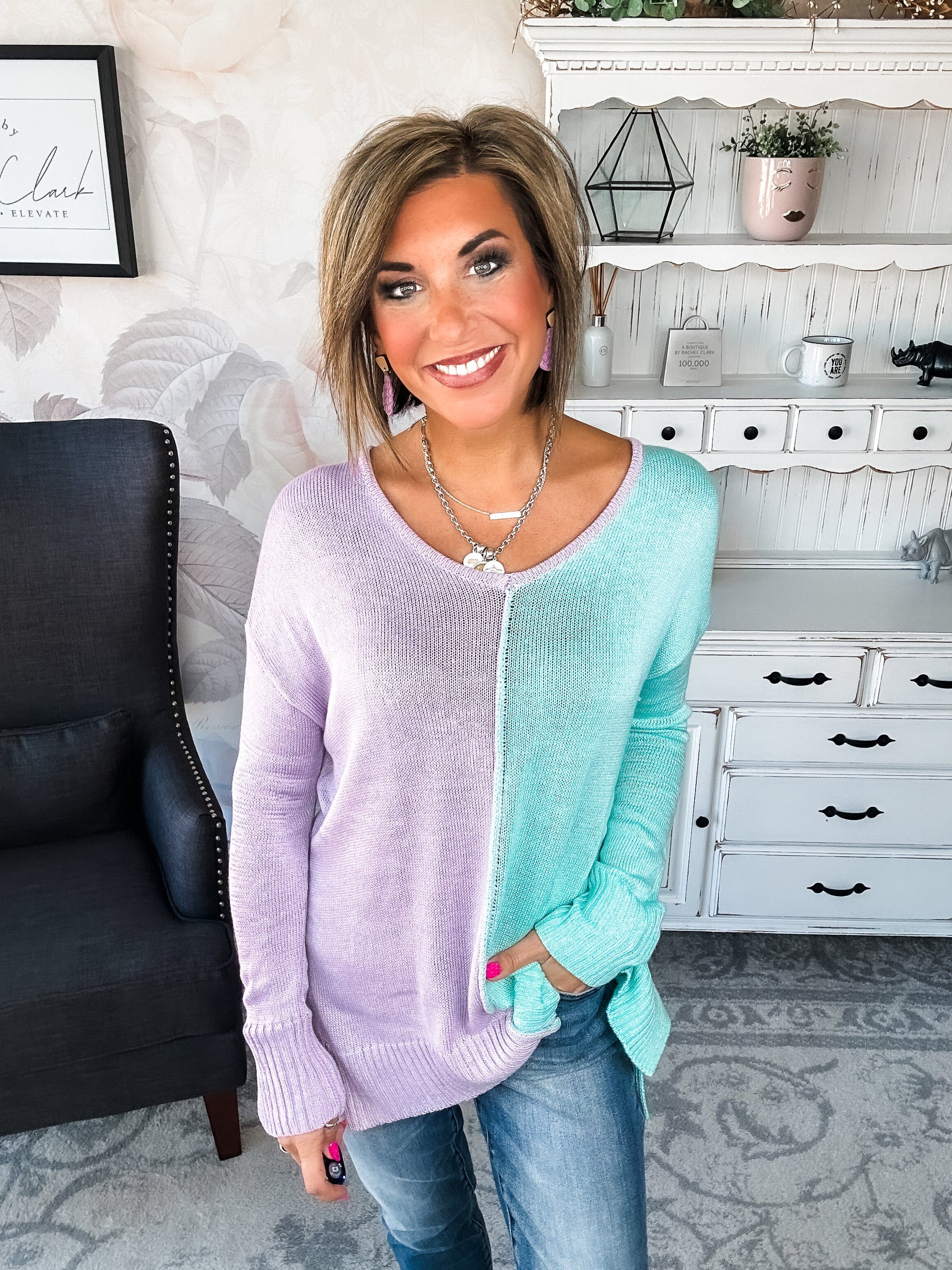 Don't Hide Now Colorblock Sweater - Lavender/Mint