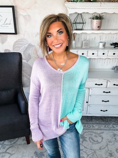 Don't Hide Now Colorblock Sweater - Lavender/Mint