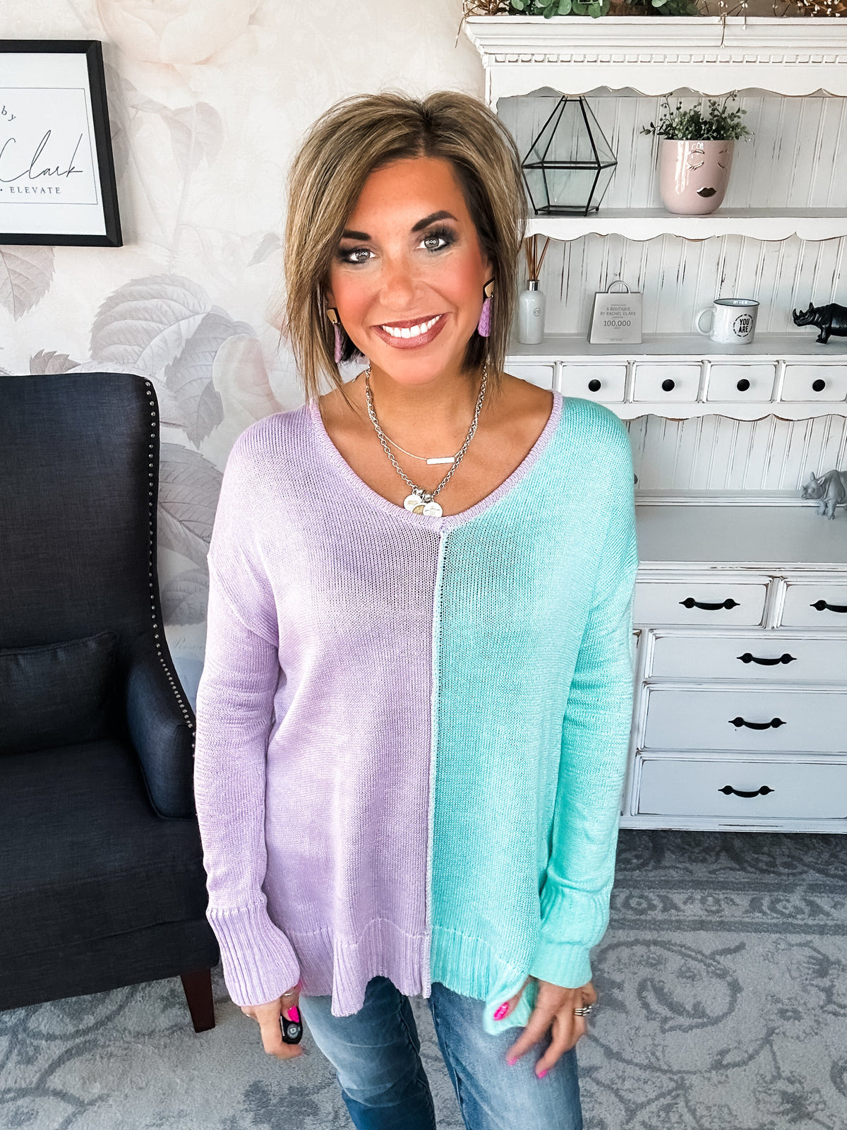 Don't Hide Now Colorblock Sweater - Lavender/Mint