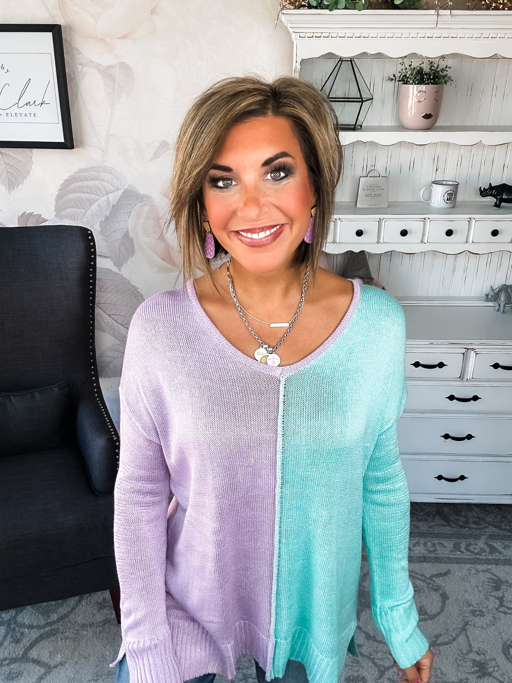 Don't Hide Now Colorblock Sweater - Lavender/Mint