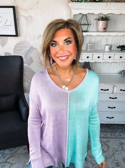 Don't Hide Now Colorblock Sweater - Lavender/Mint