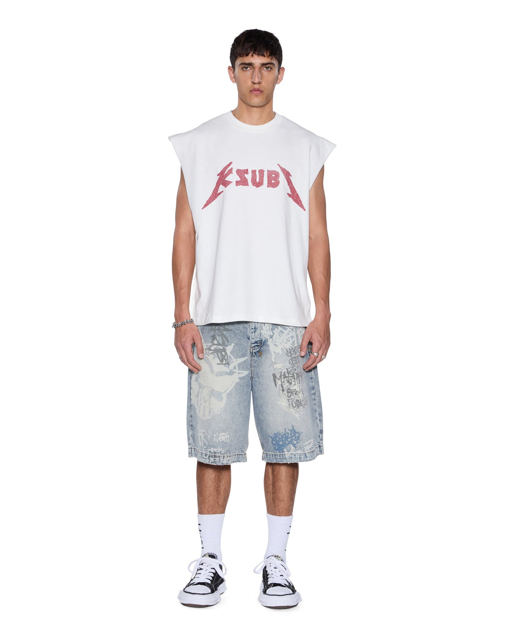 LINE UP EKCESS CUT OFF TEE WHITE/RED